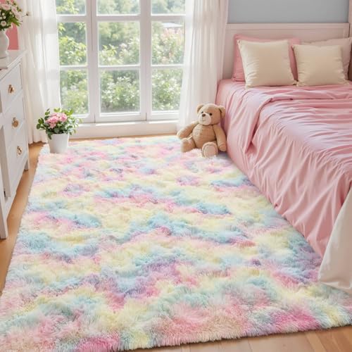 3x5 ft Fluffy Rainbow Area Rug for Bedroom Soft Fuzzy Living Room Rug Non-Slip Shag Rugs Carpet for Nursery Kids Play Room Dorm Office Indoor 1.7'' Thick Modern Plush Carpets