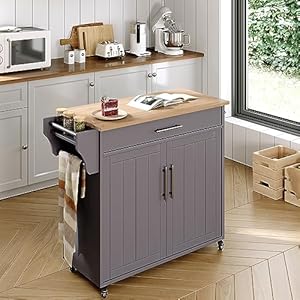 Kitchen Storage Island, Wooden Rolling Kitchen Island On Wheels with Countertop, Mobile Kitchen Island Cart with Towel Rack, Spice Rack and Drawers, Grey Kitchen Storage Island Wooden Rolling Kitchen Island On Wheels with Countertop Mobile Kitchen Island Cart with Towel Rack Spice Rack and Drawers Grey