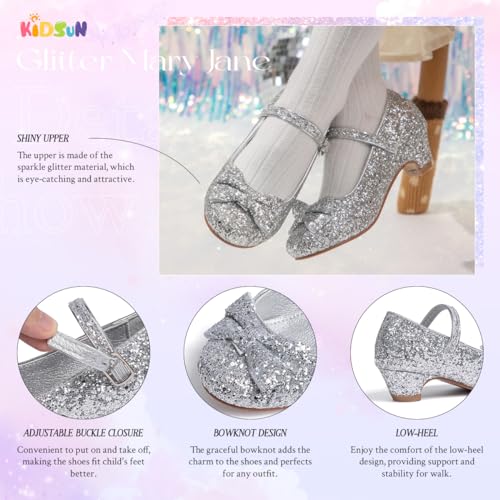 KIDSUN Toddler Little Girls Dress Shoes Heel Mary Jane Bow Flower Wedding Party Shoes Glitter Princess Shoes Flats (Toddler/Little Kid)3