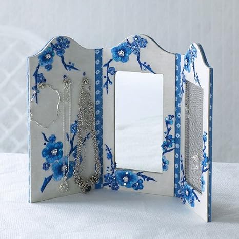 Wrapables Embroidered Blue Blossoms Tri-Fold Vanity Mirror & Organizer
