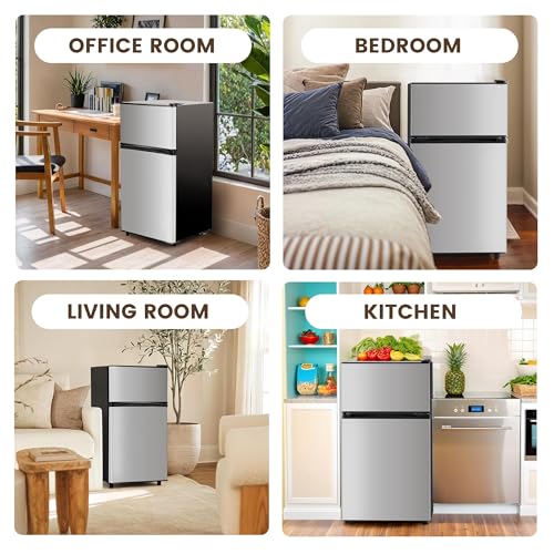 3.55 Cu.Ft Mini Fridge with Freezer - 2 Doors for Office, Kitchen, Dorm and Bedroom, Mini Refrigerator with Adjustable Shelves (Silver)