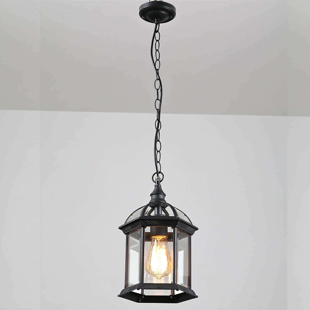Lanterna sospesa per esterni, illuminazione a sospensione a soffitto a incasso Lampade a sospensione industriali a soppalcoIP54 Luci esterne impermeabili, nero, paralume in vetro alluminio E27 per