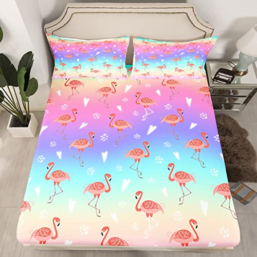 Erosebridal Pink Flamingo Fitted Sheet Full Blue Purple Rainbow Gradient Bedding Set for Boys Girls Kids Flamingo Decor Bed Sheets Cute Animal Flamingo Bed Set Romantic Theme Bedding 3 Pcs