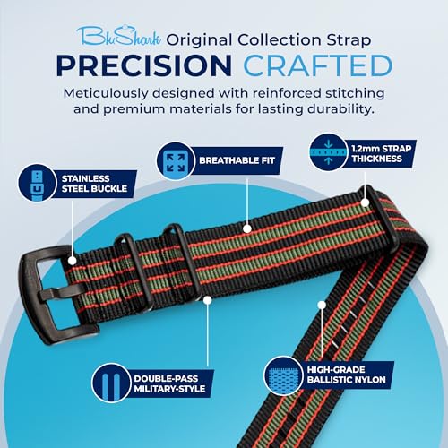 Image of BluShark - Original Collection Military-Style Waterproof Watch Strap, Fits All Timepiece Brands, Durable Nylon Wristwatch Accessories with Stainless Steel Buckle - 18mm, 20mm, 22mm & 24mm Watch Bands