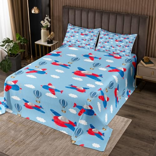 Erosebridal Kids Red Blue Plane Bedspread Queen Size Cartoon Aircraft Quilt Set, Sky Cloud Coverlet Set Blue Hot-Air Balloon Bedding Set, Boys Girls Flying Airplane Bed Cover Lightweight Soft 3pcs