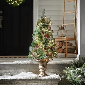 National tree company pre lit artificial mini christmas tree green crestwood spruce white lights decorated with pine cones berry clusters frosted branches includes pot base 4 feet  urban country home decor