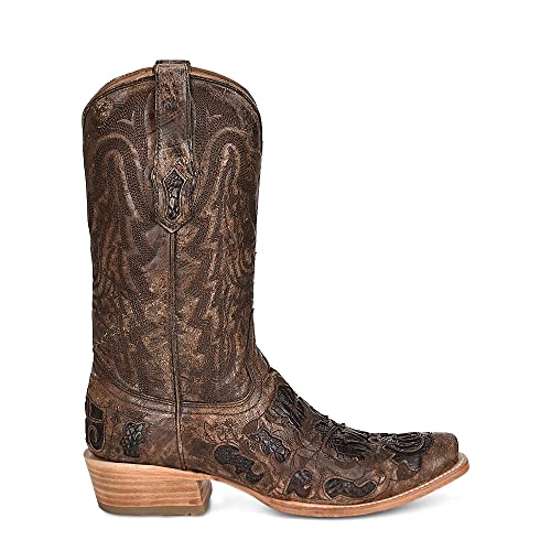 CORRAL MEN'S BROWN ALLIGATOR INLAY & EMBROIDERY HORSEMAN TOE, LEATHER WITH RUBBER INSERT SOLE, WESTERN A43374