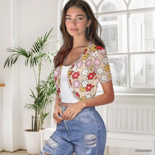 Image of Womens Short Sleeve Cardigans Lightweight Summer Cardigan Trendy Bolero Shrug Cute Floral Cardigan Sheer Bolero