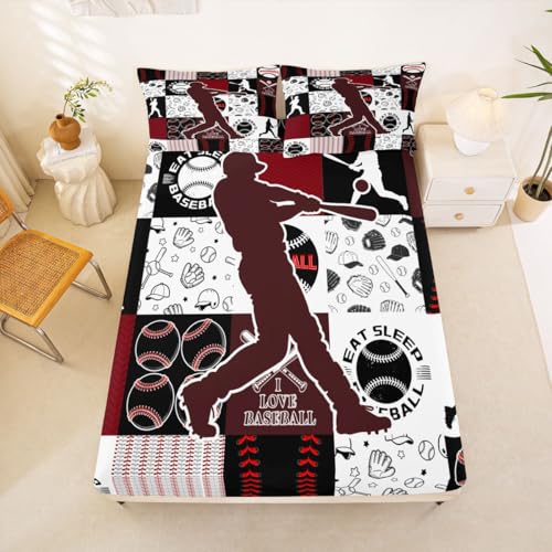 Image of Castle Fairy Patchwork Baseball Fitted Sheet King Size with 2 Pillowcases,Sports Geometric Grid Red Bed Sheet Set,Baseball Player Top Flat Sheet Luxury Microfiber Breathable