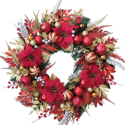 vivimemo 24-inch Christmas Wreath Handcrafted Red Gold Glitter Ball Red Flower Pine Needle...