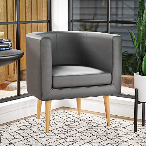 Flash Deals - 80% OFF Edenbrook Combe Barrel Chair with Tapered Wood Legs – Upholstered Tub chair for Living Room, Charcoal Faux Leather