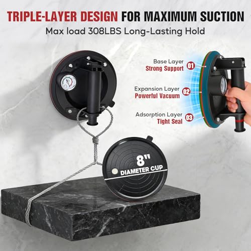 Image of 600 lbs Heavy Duty Suction Cup with Pressure Gauge, 8 inch Manual Suction Lifter for Glass, Tiles, Windshield, Metal Panel Installation, 600 lbs Lift Capacity(2 PCS), Non-Slip Handle, Safety Red Line
