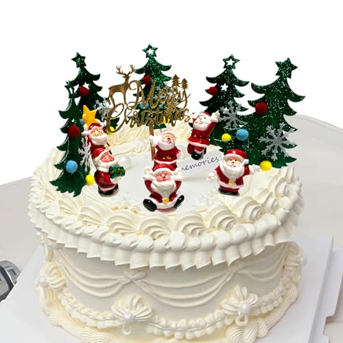 ToSSme Juego de 12 decoraciones divertidas y festivas para tartas de Papá Noel, Papá Noel en el bosque, decoraciones para tartas