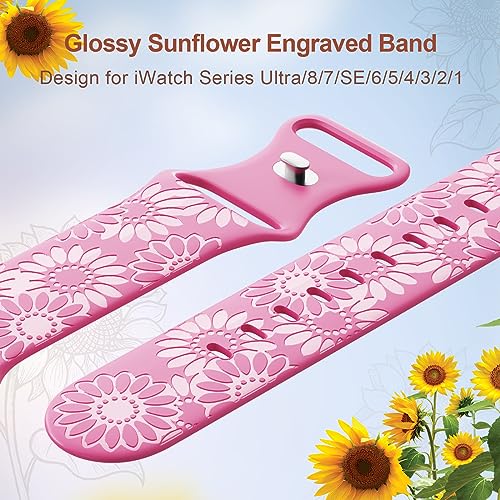 Image of Sunflower Engraved Band Compatible with Apple Watch Bands 38mm 40mm 41mm 42mm 44mm 45mm 49mm Women, Designer Soft Glossy Floral Silicone Strap for iWatch Series Ultra 11 10 9 8 7 6 SE 5 4 3 2 1