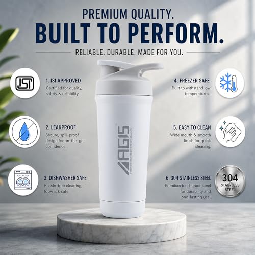 Image of AGIS Bottom's Up Premium Stainless Steel Shaker Bottle 700ml - Leak-proof mixer with bottom opener for easy cleaning. Rust-resistant, odor-free, BPA-free, dishwasher safe for gym & daily use. (White)