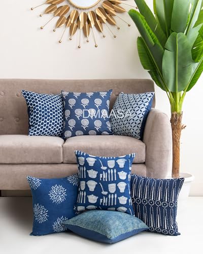 Image of Handprinted Cotton Cushion Covers 16x16 Inch - Set of Assorted Decorative Throw Pillow Covers for Sofa, Bed, Living Room - Soft & Washable Boho Ethnic Prints (Pack of 3)