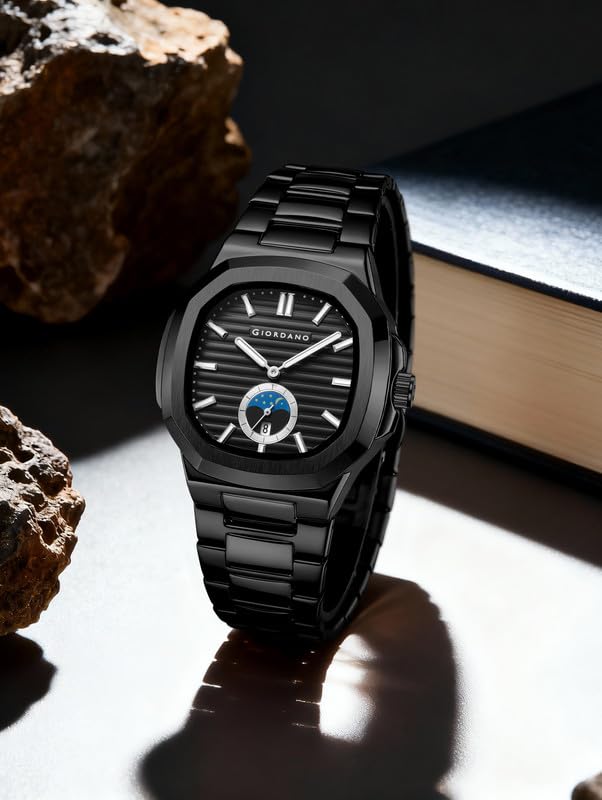 Image of Giordano Analog Watch for Men - Classic Moon Phase Design with Textured Dial, Durable Stainless Steel Strap, and Date Display