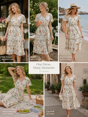 Image of Bridesmay Women's Summer Floral Midi Dress V Neck Short Sleeve A-Line Casual Beach Vacation Dresses Flowy