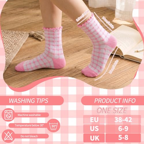 Image of 6 Pairs Women Ruffle Striped Frilly Socks, Cute Checkered Ankle Sock for Women Cotton Knit Casual Crew Socks