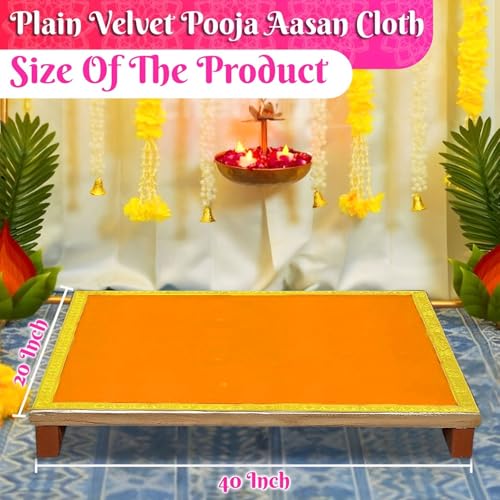 Image of Bhakti Lehar (20 x 40 Inch) Plain Orange Velvet Pooja Aasan for God Idol /Chowki Aasan Kapda Cloth for Temple Shelf Home Mandir, Ganesh Baithak and God Idol Sitting - Pack of 2