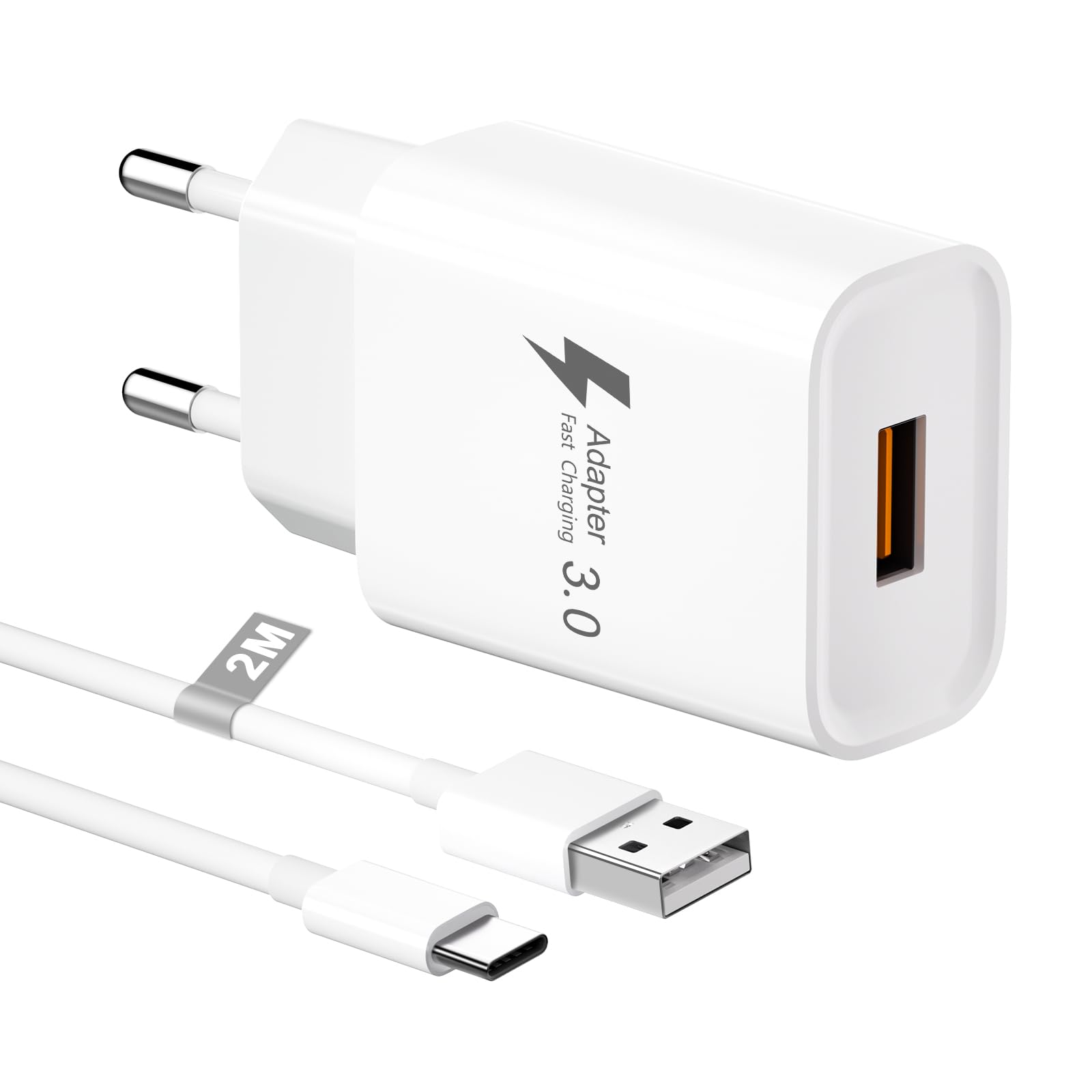 Caricatore USB 18W con Cavo USB Type-C 2M, Quick Charge 3.0 Presa USB Alimentatore USB Caricabatterie USB Spina Caricatore Rapido per Samsung S23/S22/S21/S20/S10/S9,Xiaomi Redmi Note 9/8 Mi 9