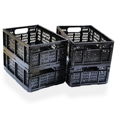 4-Pack Plastic Storage Crates,20L Foldable Baskets,Collapsible Crates, Storage Baskets and Bins for Toys, Home Storage, Office Products, Christmas Gifts, Easter Eggs (Black)