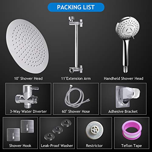 Shower Head Combo,10 Inch High Pressure Round Rain Shower Head With 11 Inch Adjustable Extension Arm And 5 Settings Handheld Shower Head,Powerful Shower Spray Against Low Pressure Water With Long Hose #TOP6