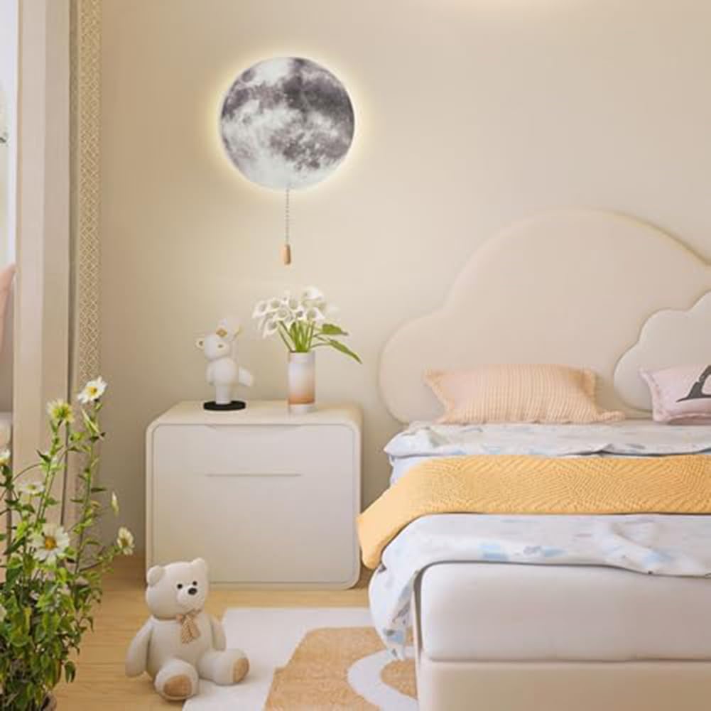 Lámpara de pared LED de luna, recargable, inalámbrica, con interruptor de tracción, decoración redonda moderna para niños, iluminación cálida de 3000 K