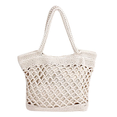 LA HAUTE Fils de coton tissage sac à main décontracté été plage fourre-tout sac à bandoulière en paille fait à la main, Blanc Cover