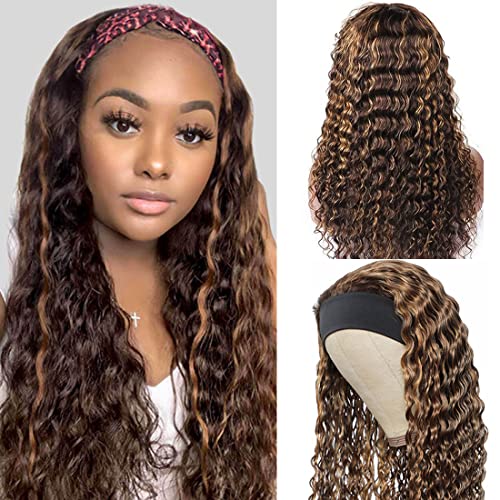 Image of Celiarita Ombre Highlights Headband Wig Human Hair Deep Wave 28 Inch None Lace Front Wigs 4 /27 Blonde Brown Deep Wave Human Hair Headband Highlights Wigs for Black Women Human Hair