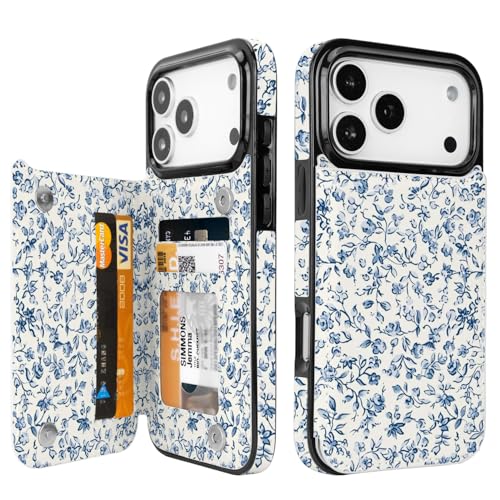 Obbii Compatible with iPhone 17 Pro Max Case Wallet with Card Holder Flip PU Leather Built-in Card Slots Kickstand and Shockproof Case for iPhone 17 Pro Max 6.9 inch Women Girls (Blue Floral)