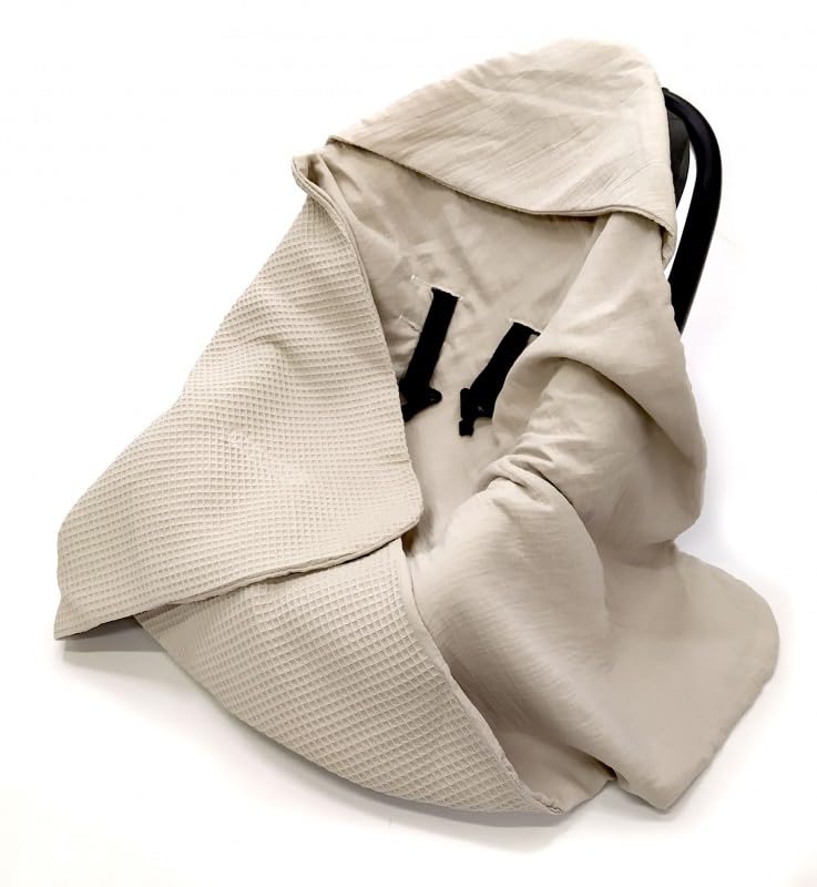 Musselin Einschlagdecke Babydecke 90x90 cm für Babyschale – Sommerdecke atmungsaktiv & leicht, für Kinderwagen und Autositz, für Neugeborene & Kleinkinder, aus Waffel & Musselin, Oeko-Tex - Sand
