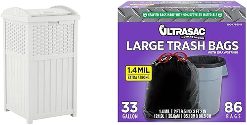 Miniatura 1 de Suncast 33 Gallon Hideaway Trash Can for Patio - Resin Outdoor Trash with Lid - Use in Backyard, Deck, or Patio &amp; Ultrasac Black Large Heavy Duty