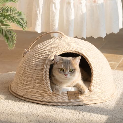 CheerPals Cat Cave Bed & Igloo Hideaway - Durable Woven Yarn Cat House for Indoor Cats Scratch-Resistant Hard Shell Nest with Washable Cushion Detachable Covered Sleeping Hut Large