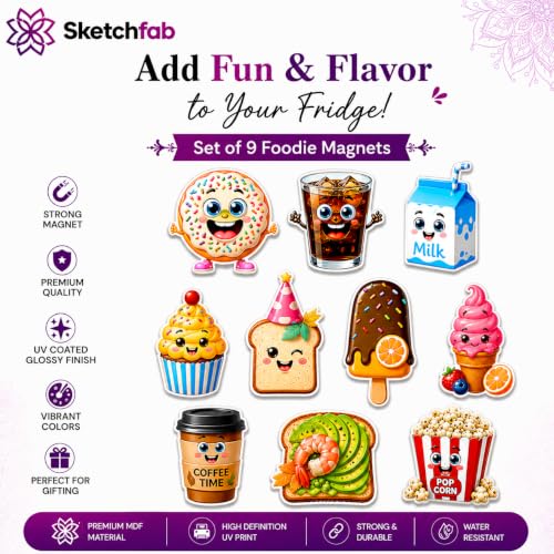 Image of Sketchfab Set of 10 Cute Food Fridge Magnets | Premium 3mm MDF with Invisible Strong Magnet | UV Coated High Gloss Finish | Decorative Kitchen Magnets for Fridge, Whiteboard, Locker, Office & Gift
