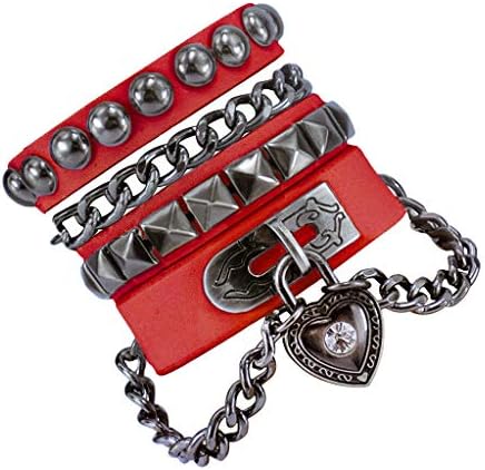 Bystar Unisex Retro Punk Rock Style Multi Circle Rivet I Love You Heart Pendant Chain Genuine Leather Creative Wrap Bracelet For Men & Women (Red)
