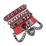 Bystar Unisex Retro Punk Rock Style Multi Circle Rivet I Love You Heart Pendant Chain Genuine Leather Creative Wrap Bracelet For Men & Women (Red)
