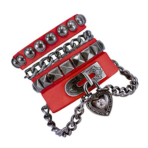 Bystar Unisex Retro Punk Rock Style Multi Circle Rivet I Love You Heart Pendant Chain Genuine Leather Creative Wrap Bracelet For Men & Women (Red) #TOP2