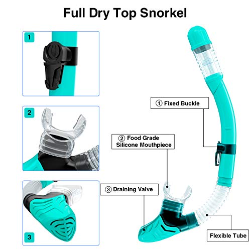Snorkel Set Adult,Snorkeling Set with Panoramic Snorkel Mask Diving Goggles,Dry Top Snorkel and Adjustable Fins,Scuba Diving Snorkeling Mask for Men Women
