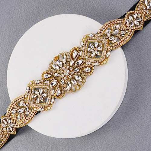Yanstar Handmade Gold Rhinestone Crystal Wedding Bridal Belt Sash With Black Ribbon Sashes for Evening Party Prom Bridesmaid Dress