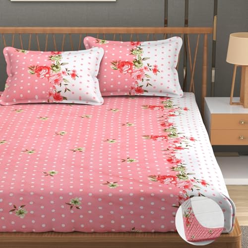 Image of Premium Heavy Cotton Elastic Fitted Bedsheets with 2 King Size Pillow Covers || Double Bed with All Around Elastic 350 TC || 72 x 78 x 10 Inch King Size Fitted || - Pink Dot