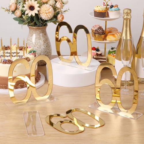 Image of Threehoney 12 Pcs Mirror Gold 60th Birthday Decorations for Men and Women Acrylic Anniversary Decorations Table Numbers Centerpieces for Birthday Party