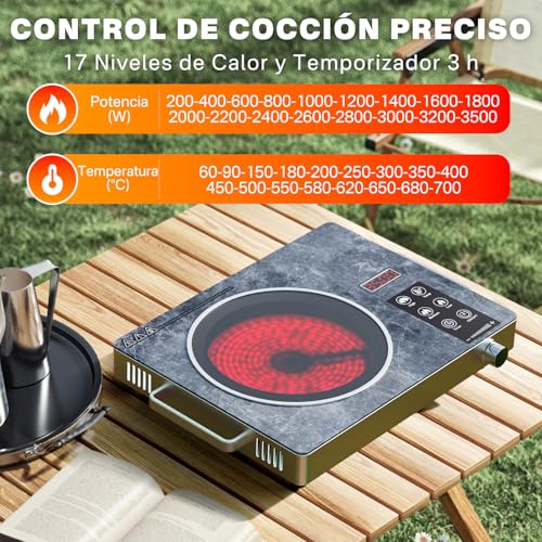 GRACEALL Cocina Infrarroja Eléctrica 3500W, Placa Eléctrica de Un Fuego, Hornillo Portátil de Encimera con Enchufe, Temperatura Ajustable, Ideal para Cocina y Camping - imagen 4