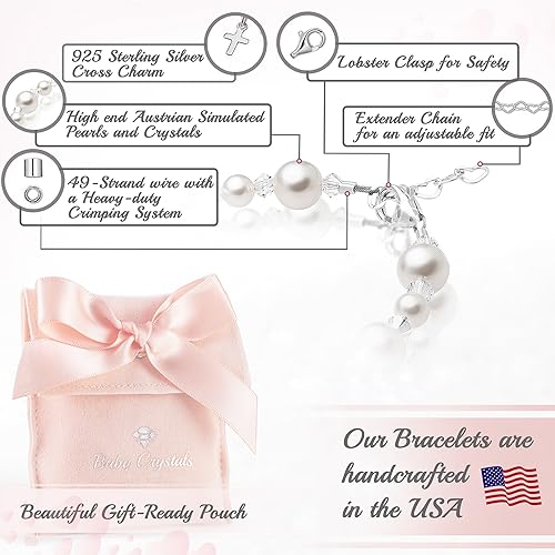 Baptism Pearl Bracelet for Girls, Sterling Silver Cross Charm - Baptism Gifts for Girl Handmade with High-end white or Pink Simulated European Pearls, Girls Jewelry Birthday Gifts3
