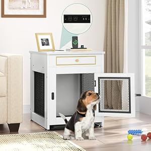 YITAHOME Dog Crate Furniture with Dual USB Charger, Wooden Dog Kennel End Table with Cushion Tray, Drawer for Small Dogs Under 25 lbs Indoor Use, White YITAHOME Dog Crate Furniture with Dual USB Charger Wooden Dog Kennel End Table with Cushion Tray Drawer for Small Dogs Under 25 lbs Indoor Use White