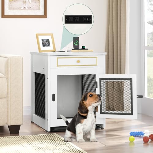 YITAHOME-Dog-Crate-Furniture-with-Dual-USB-Charger-Wooden-Dog-Kennel-End-Table-with-Cushion-Tray-Drawer-for-Small-Dogs-Under-25-lbs-Indoor-Use-White YITAHOME Dog Crate Furniture with Dual USB Charger Wooden Dog Kennel End Table with Cushion Tray Drawer for Small Dogs Under 25 lbs Indoor Use White
