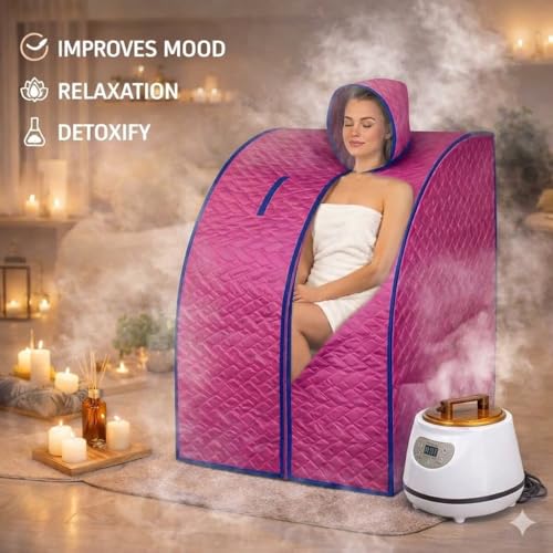 Image of Deluxe Portable Steam Bath Panchakarma Sweden Machine /Home Steam Sauna Bath with Tent | Stainless Steel 3 Litre Steamer | Remote | ISI Marked | BIS Approved (Dark Pink)