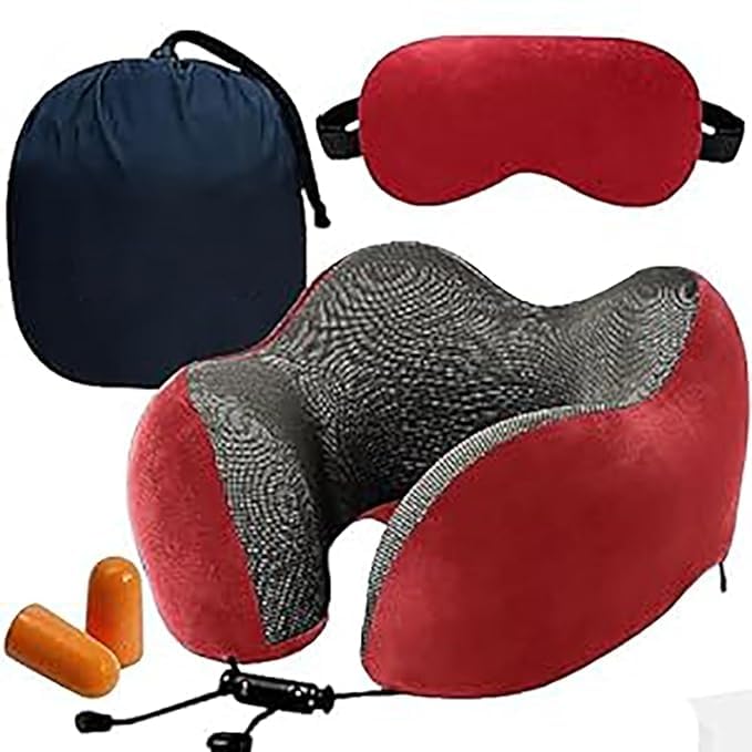Premium Memory Foam Travel Neck Pillow Set - Includes Eye Mask, Carry Bag, and Ear Plugs (Red) - Ultimate Comfort for Travelers Accessories-image-46