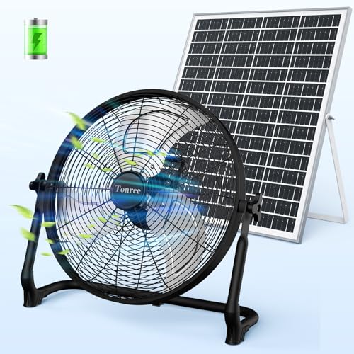 18' Portable Battery Operated Solar Fan, Rechargeable Floor Fan, Hi-Velocity Cordless Camping Fan,...