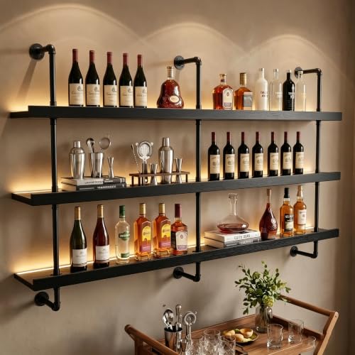 Image of HOUSESET 36 /48 /60 /72 /84in Wine Wall Rack with Led Lights, 3-Tiers Modern Pipe Liquor Bottle Display Shelf, Bar Shelves Wall Mounted for Commercial Bar, Restaurant, Home